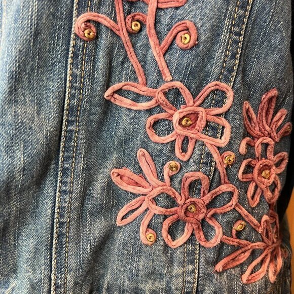 Coldwater Creek Soutache Rose Pink Floral Embroidered Jean Jacket, Size Small - Picture 4 of 14